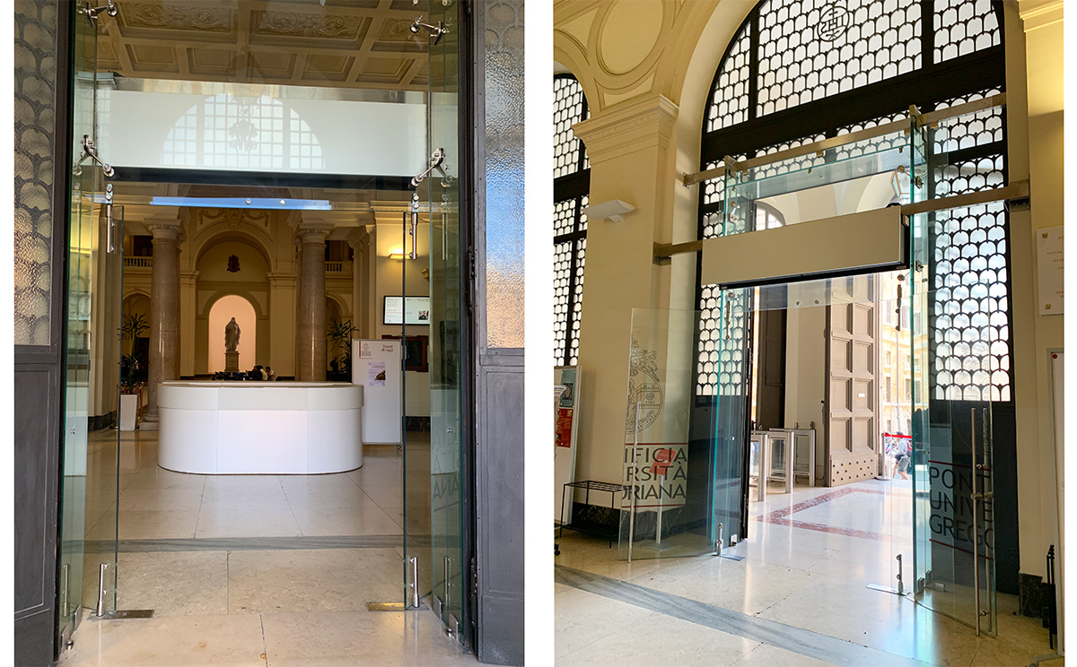 Interior and exterior view of the Zen air curtain at the Pontifical Gregorian University of Rome.